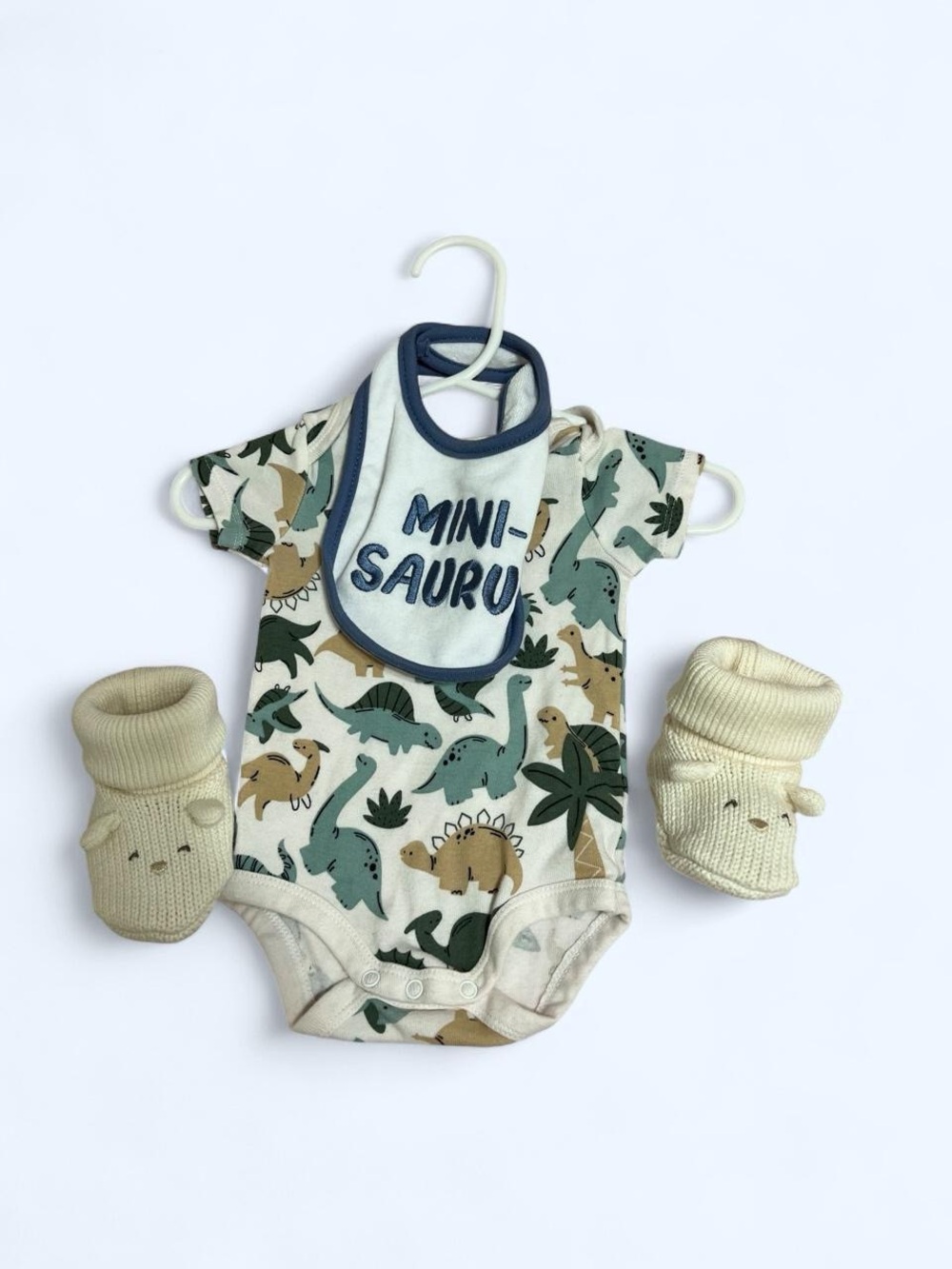Mini-Sauru Dinosaur Print Bodysuit with Bib - Cream/Green